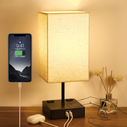 3-Way Touch Control Table Lamp Dimmable, Bedside Lamp with 2 USB Charging Ports and AC Outlets,Modern Nightstand Lamp with Square Fabric Shade and Dimmable LED Bulb for Bedrooms, Guest Room